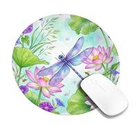 Dragonfly Small Mouse Pad, Nature Floral Water Lily Bee Spring Green Round Rubber Washable Stitched Edge Cloth Mousepad Idea for Home Office Desk Laptop Gamers Gift Round 8x8 Inch