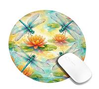 Dragonfly Small Mouse Pad, Nature Floral Water Lily Leaf Summer Turquoise Round Rubber Smooth Portable Cloth Mousepad Decor for Home Office Work Gaming Desk Round 8x8 Inch