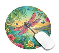Dragonfly Small Mouse Pad, Tropical Vibrant Flowers Butterflies Summer Green Round Rubber Washable Stitched Edge Cloth Mousepad Decor for Home Office Work Gaming Desk Round 8x8 Inch