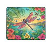 Dragonfly Small Mouse Pad, Tropical Vibrant Flowers Butterflies Summer Green Square Rubber Smooth Portable Mini Desk Mousepad Desk Accessories for Gaming Computer Laptop Square 8x10 Inch