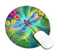 Dragonfly Small Mouse Pad, Tropical Vibrant Flowers Leaves Summer Green Round Rubber Washable Aesthetic Desk Mousepads Decor for Home Office Work Gaming Desk Round 8x8 Inch