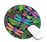 Dragonfly Small Mouse Pad, Tropical Vibrant Leaf Flower Summer Green Round Rubber Non Slip Portable Travel Mousepad Idea for Home Office Desk Laptop Gamers Gift Round 8x8 Inch