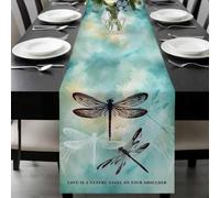 Dragonfly Table Runner 14x72 Inches Long Abstract Animal Teal Green Yellow Gradient Text Cotton Linen Table Runner Burlap Style for Dinner Table Party Decor Tabletop Decorations