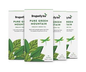 Dragonfly Tea Pure Green Mountain Organic Green Tea Bags, 4 x 20 (80 Teabags), Biodegradable, Plastic Free, Individually Wrapped
