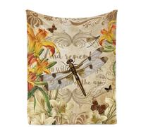 Dragonfly Throw Blanket for Women, 150x200 cm Cozy Dragonfly Lily Flower Fluffy Blanket for Girls, Soft Vintage Beige Butterfly Flannel Throw Blanket for Adult Bedroom Birthday Gift Sofa Bed Couch