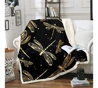 Dragonfly Throw Blanket Ornamental Dragonfly Printed Fleece Sherpa Blanket Insects Animal Pattern Plush Blanket for Chair Sofa Couch Women Luxury Golden Black Room Decor Reversible Double 60"x79"