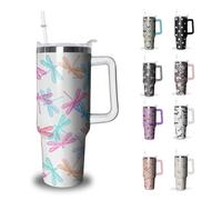 Dragonfly Tumbler with Handle and Straw, 40 oz Stainless Steel Pink Insulated Cup with Lid and Straw,Travel Coffee Mug Water Bottle, Birthday Christmas Mothers Day Gifts for Animal Lovers Women