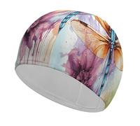 Dragonfly Watercolor Painting Bathing Cap High Elasticity Swimming Caps Fit Both Long Hair Short Hair Comfortable Large Shower Cap for Drag Reduction and Hair Protection