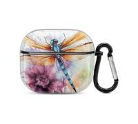 Dragonfly Watercolor Painting Bluetooth Earbuds Case Cover Full Body Shockproof Protection Hard Case Support Wireless Charging with Keychain Personalized Gift for AirPods 3