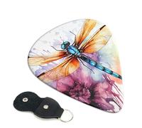 Dragonfly Watercolor Painting Guitar Picks 6 Pcs, 0.71mm Thickness Celluloid Plectrum with Leather Picks Holder, Personalized Guitar Pick for Bass Electric Acoustic Guitars Lovers Gift