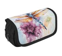 Dragonfly Watercolor Painting Pencil Case Organizer Large Capacity Cute Pen Pouch with 3 Compartment Office Stationery Large Pencil Bags with Zipper Fabric Pen Bag for Adults Portable Makeup Bag (Blac