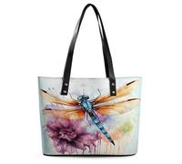 Dragonfly Watercolor Painting Tote Bag Large Soft Leather Purse with Zipper Lightweight Ladies Shoulder Handbag