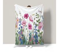 Dragonfly Wildflowers Fleece Throw Blanket Ultra Soft Cozy Watercolor Plants Decorative Warm Flannel Blanket Dark Green All Season Throw For Home Couch Bed Chair Travel Outdoor 70X100Cm