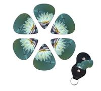 Dragonfly with Water Lily Guitar Picks 6 Pack, 0.46mm Thickness Celluloid Bass Pick with Leather Guitar Pick Holder Keychain Abstract Art Pics Plectrum for Acoustic Electric Guitar, Ukulele, Bass