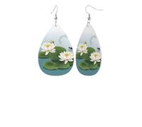 Dragonfly With Water Lilyprint Leather Earring Stylish Waterdrop Shaped Dangle Earrings With Double Sided Print, Pvc Leather 925 Silver Plated Hooks For Womenâ€™s Fashion Holiday Party Gift