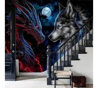Dragons and Wolves 3D Not Self-Adhesive Wall Murals Wallpaper,Night sky and full moon, blue lightning Photo Large Poster Wall Paper for Kids Bedroom Living Room Home Decor(137.8"H x 100"W )