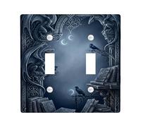 Dragons Double Light Switch Cover Plate, Fantasy Gothic Books Ravens Dark Blue Plastic Standard Size Toggle Light Switch Cover for Home Living Room Bedroom Bathroom Decor