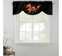 Dragons Flames Tie Up Valances Curtain, Orange Dragon Abstract Art Black Background Adjustable Rod Pocket Short Window Treatment Tie Up Curtains Valances for Kitchen Living Room Bathroom 42x18 Inches