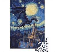 Dragon's Flight Over Starlit Castle 1000-Piece Jigsaw Puzzle for Adults, 52x38cm/1000pcs; Smooth White Pieces for Easy Handling; A Calm After-work Activity