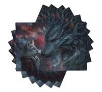 Dragons Wolves Table Fabric Placemats Set of 6, Durable Machine Washable Reusable Fantasy Art Cotton Linen Non-Slip Table mats for Party Everyday Use (45x30cm, Deep Blue)