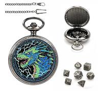 DragonSword DND Dice Set with Pocket Watch Case, Portable Metal Dice Set Compatible with Dungeons and Dragons, 7PCS Mini Dice, RPG Role Playing Board Games Accessories (Blue Dragon B)