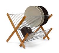 Relaxdays CROSS Bamboo And Chromed Steel Draining Rack: 27 x 38 x 29 cm Drying Rack Folding Dish Drainer For Plates, Cups, Glasses, Natural, Brown/Silver