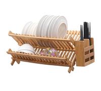 Draining Board Rack 2 Tier Dish Drainer Rack with Utensil Holder, 20 Slots Hollow-Out Bamboo Wooden Plate Rack, Collapsible Draining Rack for Kitchen