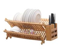 Draining Board Rack, 20 Slots 2 Tier Dish Drainer Rack with Utensil Holder, Hollow-Out Bamboo Wooden Plate, Collapsible Draining for Kitchen Board