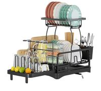 Draining Dish drainer rack 3 Tier, dish drying rack large, with Drip Tray Draining Board kitchen sink Counter, Cup Holder, stainless steel, Swivel Drain Spout for Dishes Knives Spoons (Black-A)
