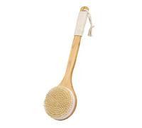 Draining Drying Bath Brush Bamboo Long Handle with Lanyard Non-slip Ergonomic Grip Shower Extended Back Scrubber for Easy Storage Burlywood