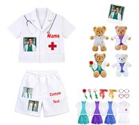 DRAJOIN Personalised Doctor Teddy Bear Clothes Set with Scrub Top Pants and White Lab Coat, Fit 8-16 Inch Plush Clothes with Photo Name as Gift for Med Students Kids Career Simulation