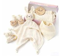 DRAKEWOOD Beige 6 in 1 Set Newborn Unisex Birth Gift with Bath Towels Triangular Bib Rattle Bebe Socks and Newborn Doudou Cat - Gift Box for Babies and Girls