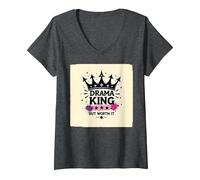 Drama King But Worth It Crown Graphic Tee V-Neck T-Shirt, Women, Dark Heather Grey, M