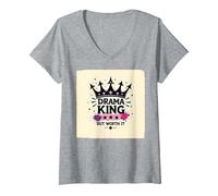 Drama King But Worth It Crown Graphic Tee V-Neck T-Shirt, Women, Heather Grey, L