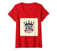 Drama King But Worth It Crown Graphic Tee V-Neck T-Shirt, Women, Red, XL