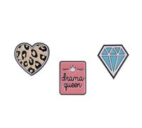 Drama Queen Themed Gift Set Collection Of 3 Badges Including Drama Queen, Leopard Print Heart And A Diamond