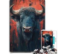 Dramatic Buffalo Portrait with Red Accents Jigsaw Puzzle, 1000 Piece | Choose a New Year puzzle activity on winter weekends for relaxed downtime.