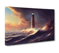 Dramatic Lighthouse Seascape Canvas Print | Gallery Wrapped 30mm Frame Wall Art | 30x20 inches | Ready to Hang | Coastal Seascape Picture | Living Room Bedroom Lounge Office