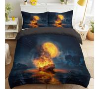 Dramatic Ocean Duvet Cover Sets Double Size 79" x 79" Bedding Set 3 Pcs Soft Microfiber Sailing ship Fire Full moon Night sky Dark Seascape Bedding Quilt Cover with Zipper Closure & Pillowcases