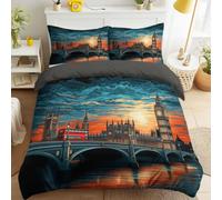Dramatic Retro Duvet Cover Sets Super King Size 115" x 93" Bedding Set 3 Pcs Soft Microfiber London Big Ben Bus Bridge City Urban Bedding Quilt Cover with Zipper Closure & Pillowcases