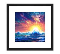 Dramatic Seascape Sunset Colourful Oil Painting Waves Ocean Square Wooden Framed Wall Art Print Picture 8X8 Inch Artery8 Black One Size