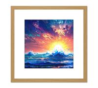 Dramatic Seascape Sunset Colourful Oil Painting Waves Ocean Square Wooden Framed Wall Art Print Picture 8X8 Inch Artery8 Light Oak One Size