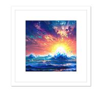Dramatic Seascape Sunset Colourful Oil Painting Waves Ocean Square Wooden Framed Wall Art Print Picture 8X8 Inch Artery8 White One Size