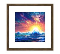 Dramatic Seascape Sunset Colourful Oil Painting Waves Ocean Square Wooden Framed Wall Art Print Picture 8X8 Inch Artery8 Brown One Size