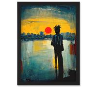 Dramatic Sunset Silhouette City Skyline Lake Oil Painting Artwork Framed Wall Art Print A4 Artery8 Black One Size