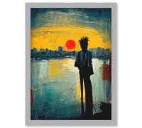 Dramatic Sunset Silhouette City Skyline Lake Oil Painting Artwork Framed Wall Art Print A4 Artery8 Light Grey One Size