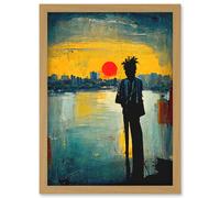 Dramatic Sunset Silhouette City Skyline Lake Oil Painting Artwork Framed Wall Art Print A4 Artery8 Light Oak One Size