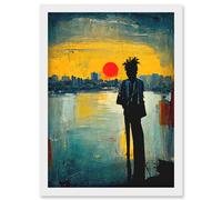Dramatic Sunset Silhouette City Skyline Lake Oil Painting Artwork Framed Wall Art Print A4 Artery8 White One Size