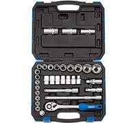 Draper 1/2" 33 Piece MM/AF Socket Set | Micrometre Reversible Hand Tool |Soft Grip Ratchet | 17 Metrics Sockets Mechanics Car Tools | 7 Imperial Sockets| 3 Spark Plug Sockets | 16363