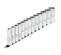 Draper 1/2"D Deep Imperial Socket Set on a Metal Rail 13 Piece 3/8 -1.1/8" 16500
